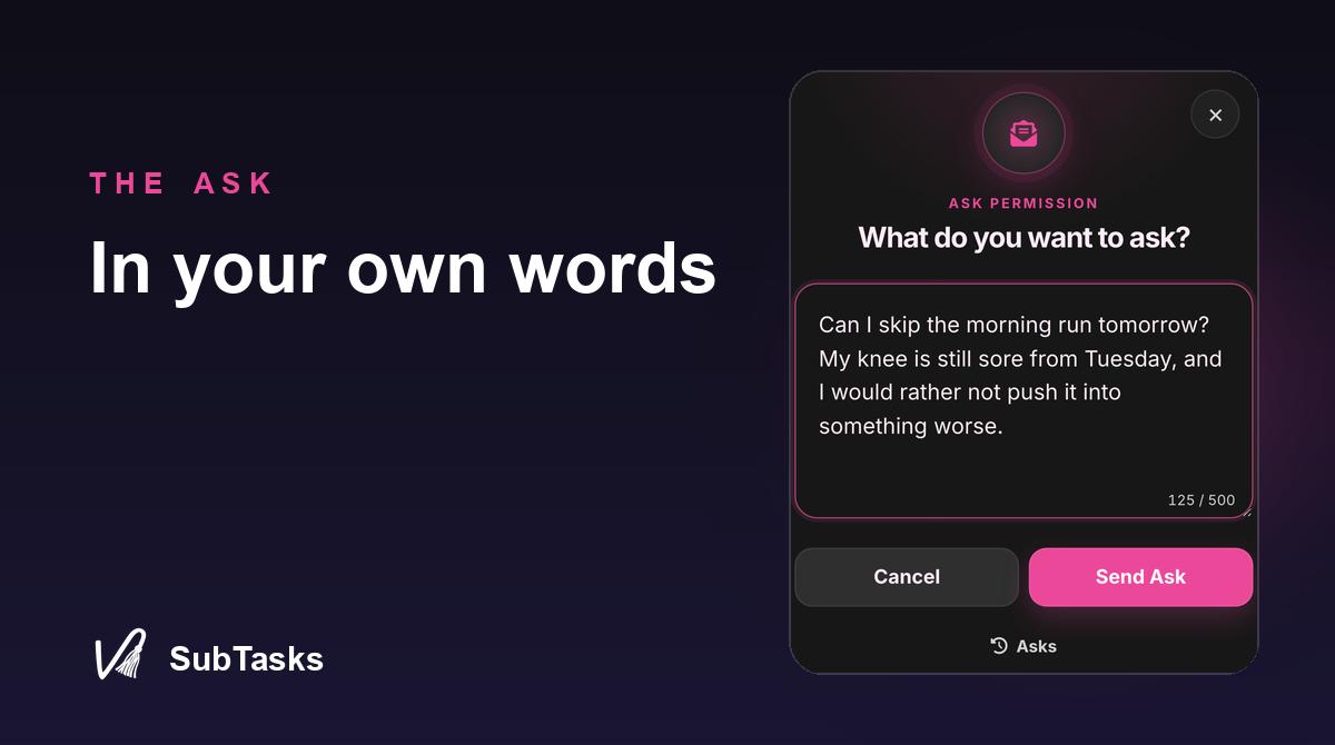 A Taskee writing a permission request in their own words