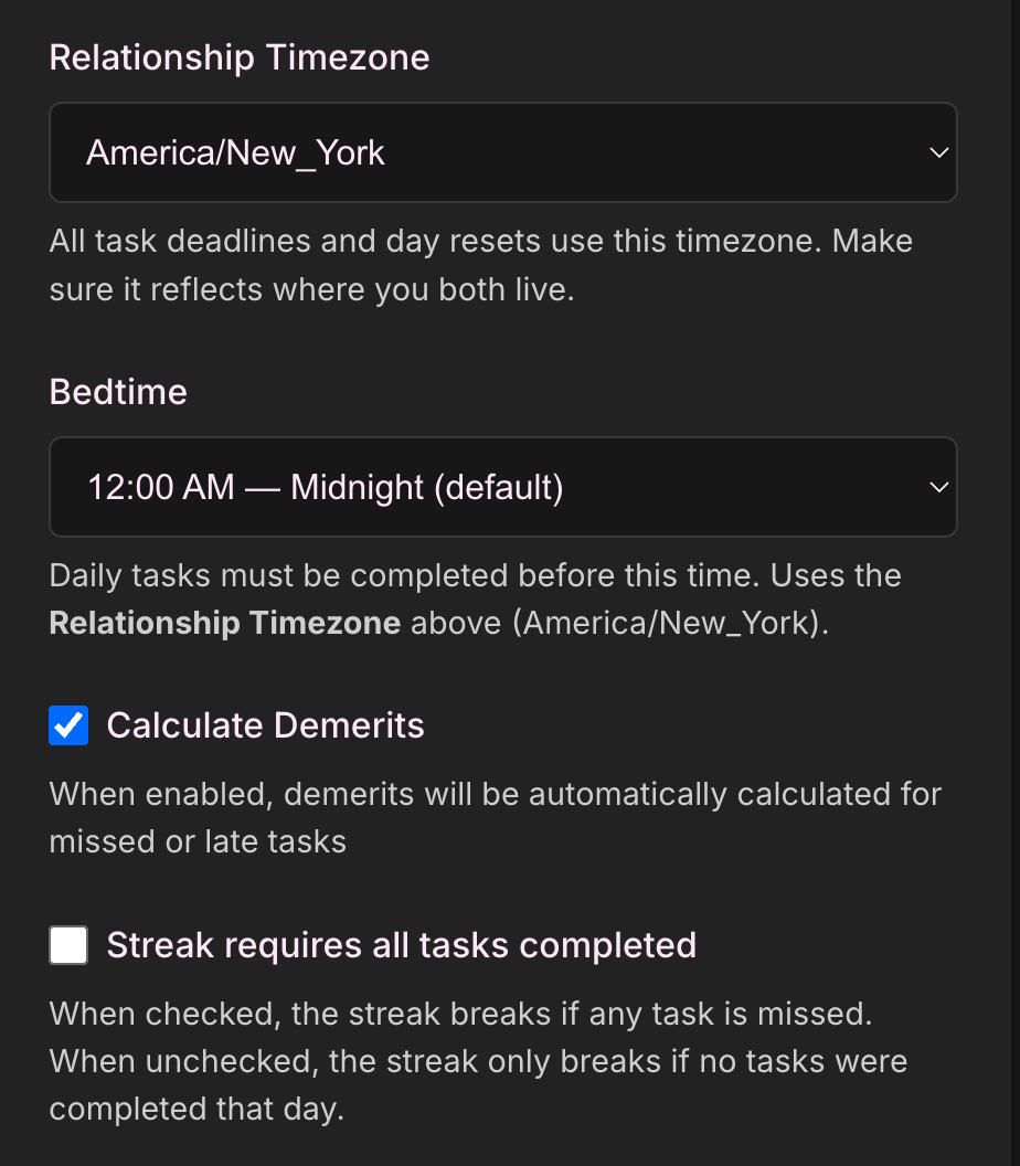 Bedtime and streak settings