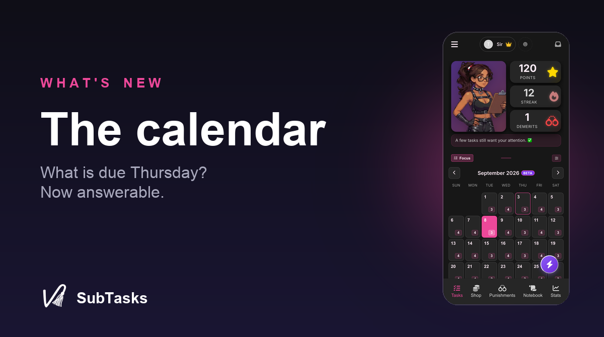 The month grid with per-day task counts and a selected day's due list