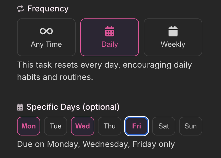 Day-of-week picker showing Mon/Wed/Fri selected