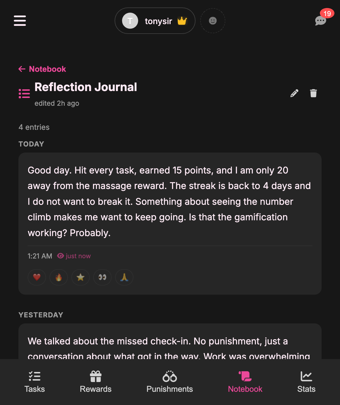 Journal timeline with entries and reactions