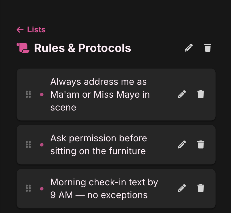 Rules list detail view with drag handles