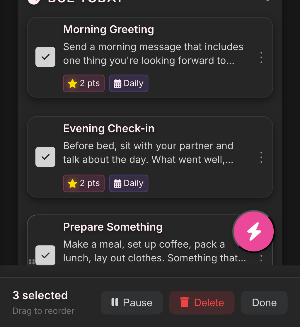 Three tasks selected with the bulk action bar