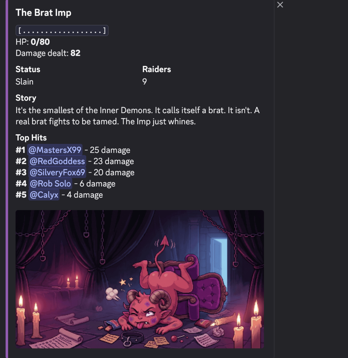The Brat Imp boss in the raids channel