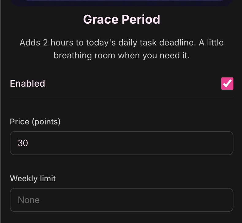 Shop config with price and limit controls