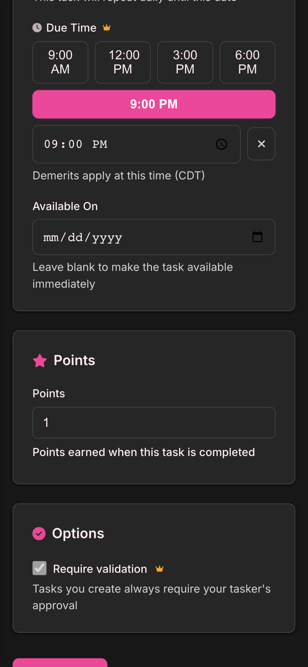 Task creation form with due time set to 9 PM