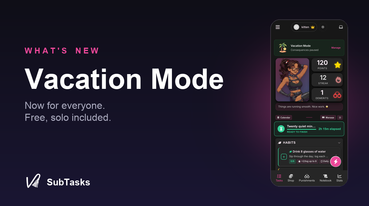 The Vacation Mode banner showing consequences paused while points and streak stay safe