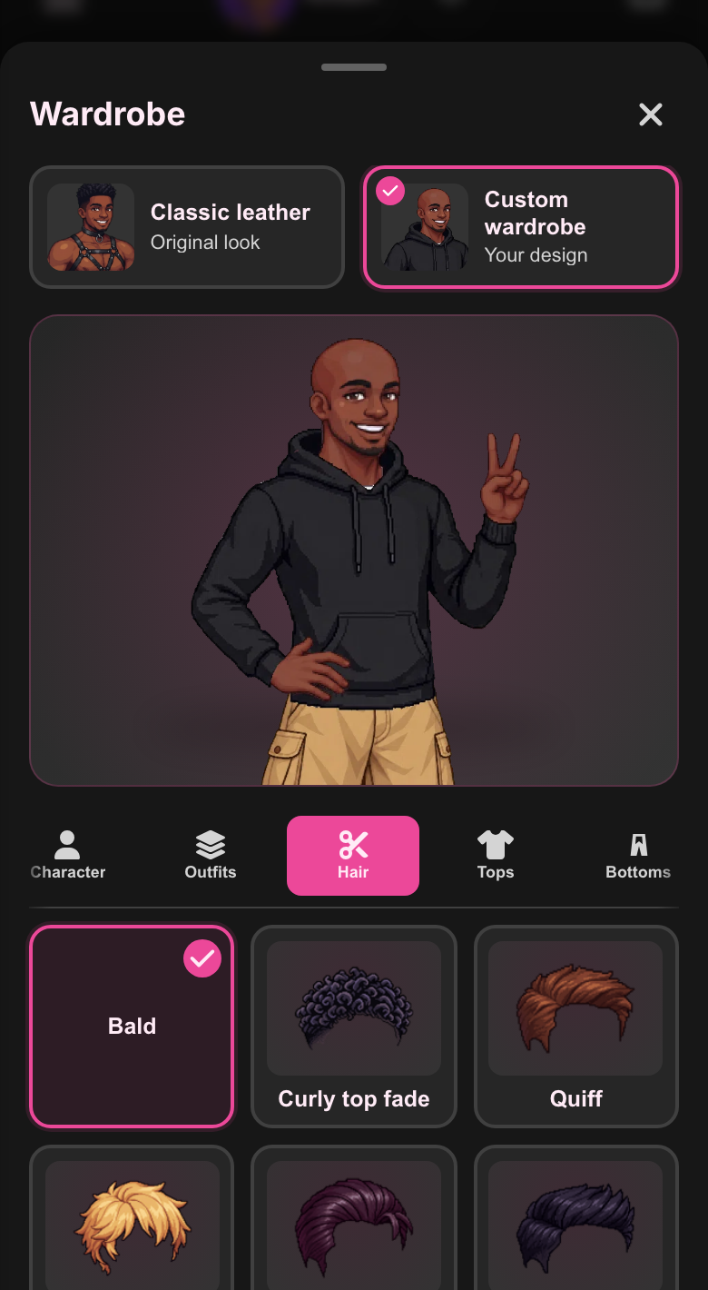 Marcus with a shaved head, a black hoodie and cargo shorts