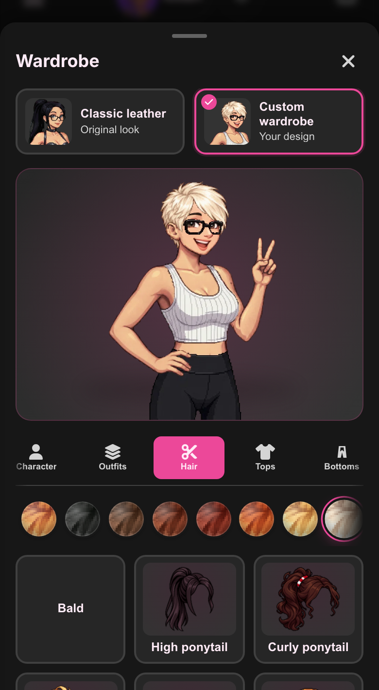 Mei with a platinum pixie cut, a white crop tank and leggings, on the Hair tab