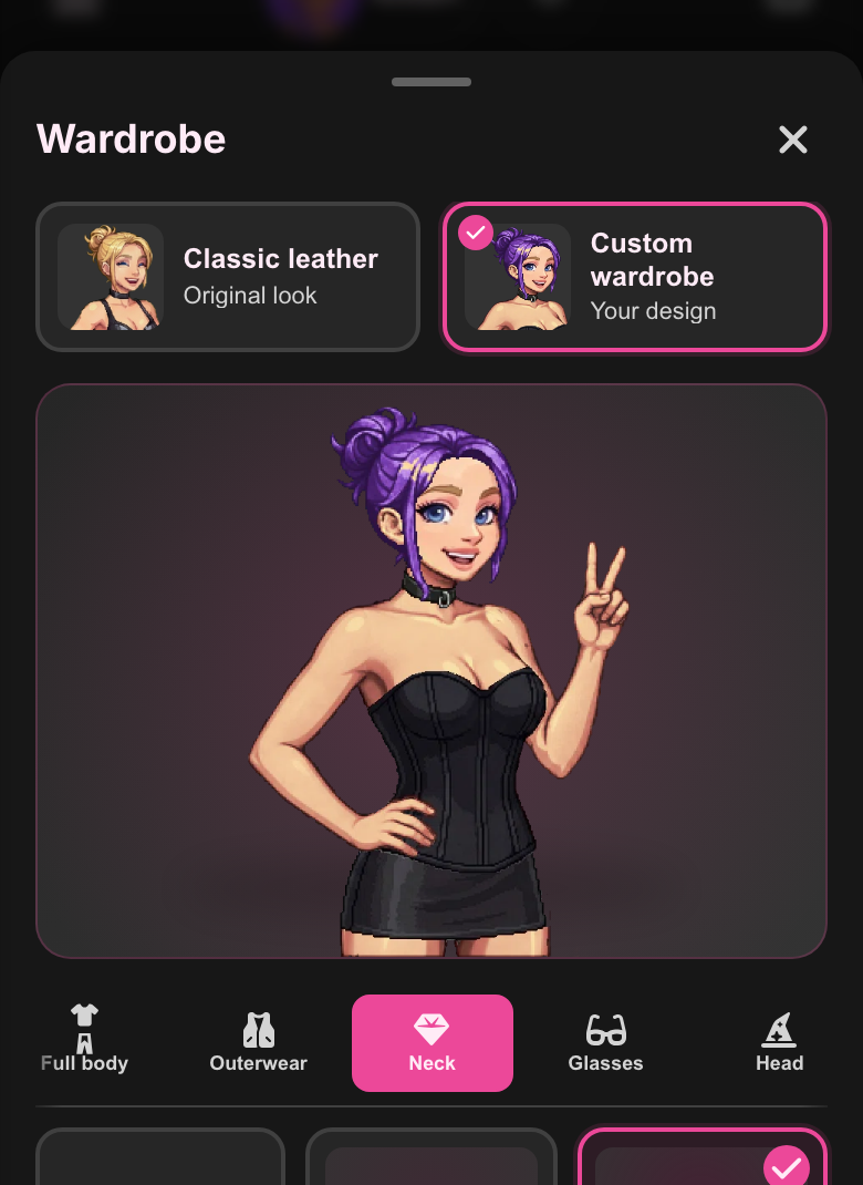 Emma with purple hair in a corset, a leather mini skirt and a D-ring collar