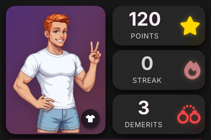 Finn on the Tasks tab with a ginger quiff, a white T-shirt and denim shorts, and the Wardrobe button in the corner