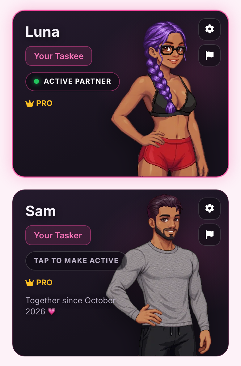 The Partners page, with Luna and Sam each shown in their own look