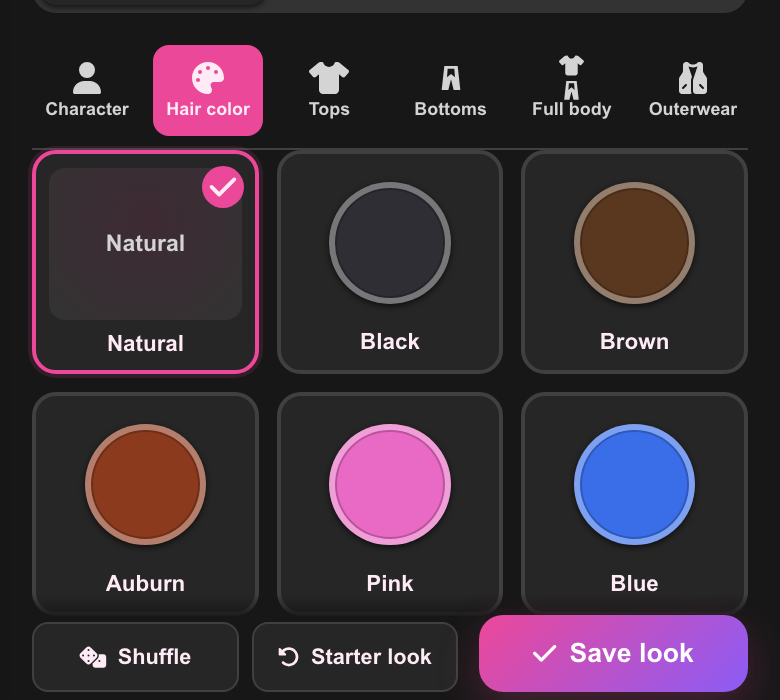 The Hair color tab with Natural, Black, Brown, Auburn, Pink, and Blue visible, plus Shuffle and Save look controls
