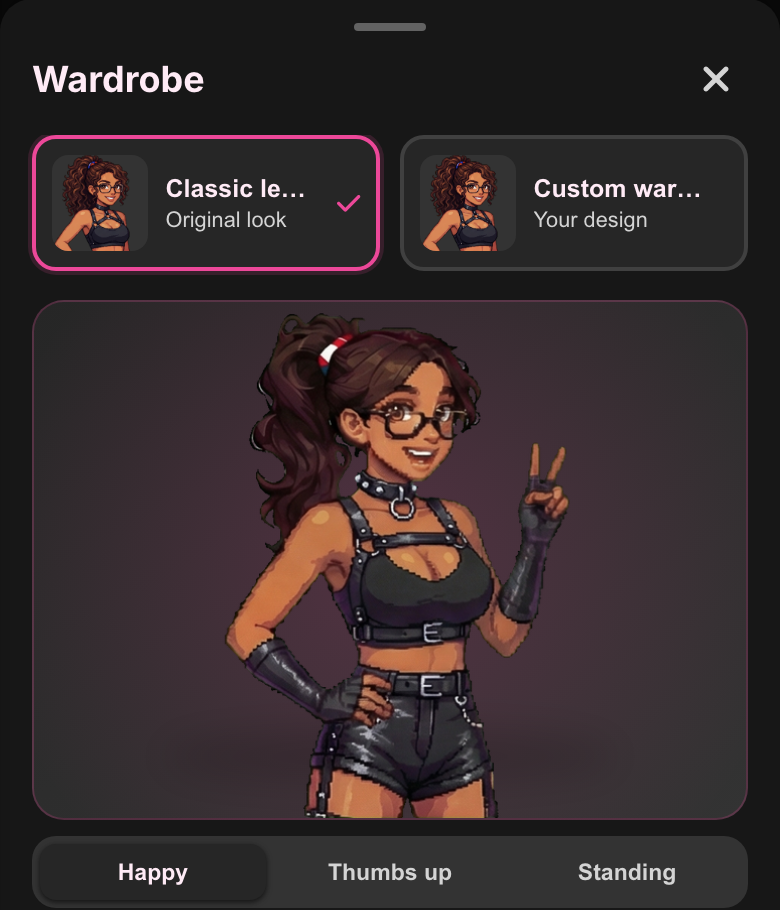 The Wardrobe drawer with Classic outfit and Custom wardrobe options above the avatar preview
