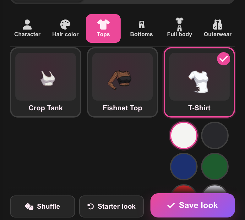 The Tops tab showing Crop Tank, Fishnet Top, and T-Shirt, with color swatches for the selected T-Shirt