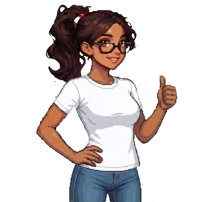 Sofia wearing a white T-shirt and blue jeans in her thumbs-up pose