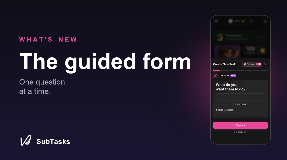 The guided task form asking one question at a time